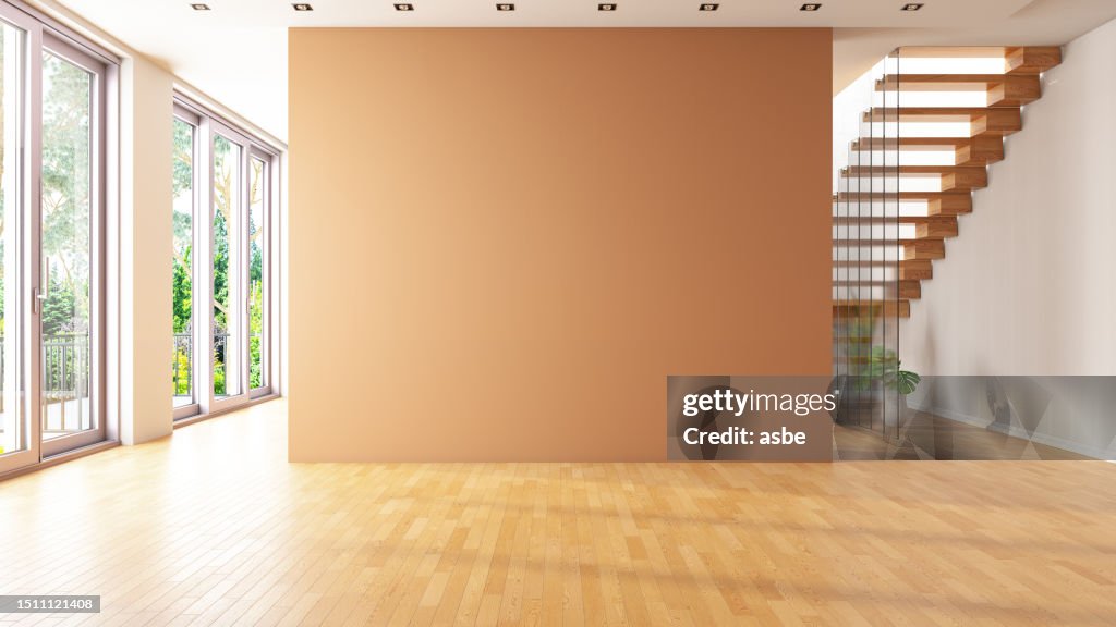 Unfurnished Living Room with Empty Beige Wall and Stairs