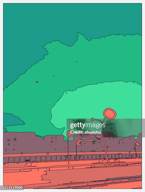 line drawing neon metaverse cartoon painting scene,city street in night - road marking stock illustrations