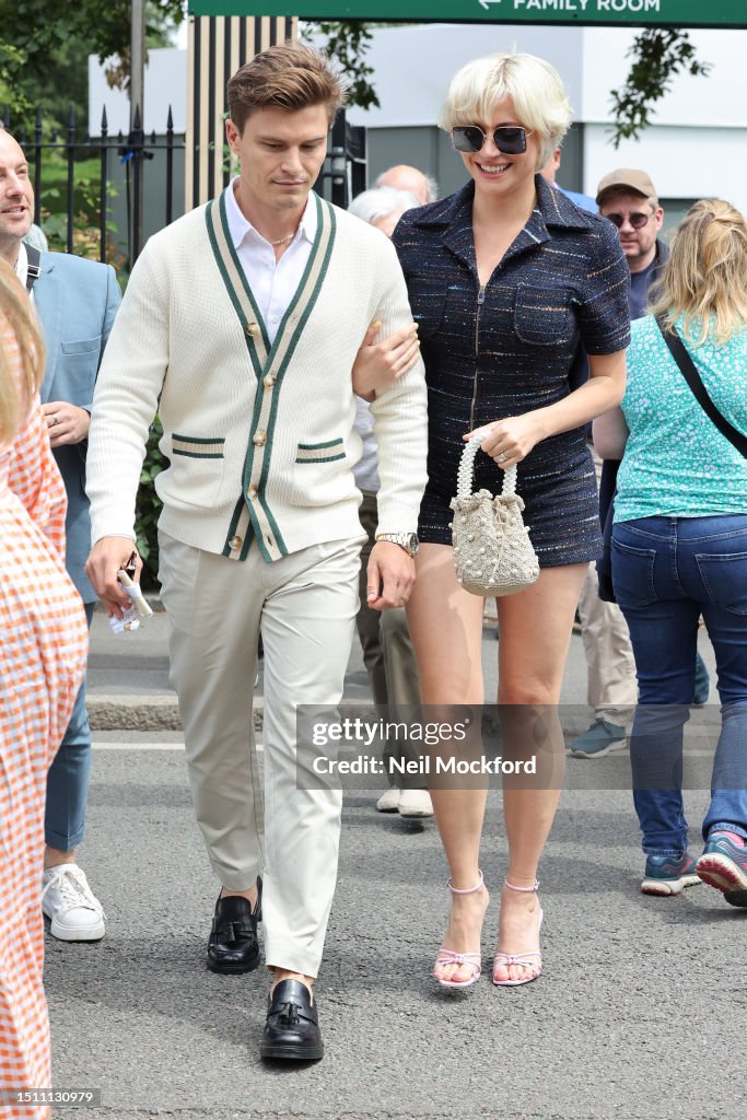 Pixie Lott and Oliver Cheshire attend the Evian Suite on day one of