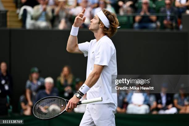 Andrey Rublev celebrates victory against Max Purcell of Australia in the Men's Singles first round match during day one of The Championships...