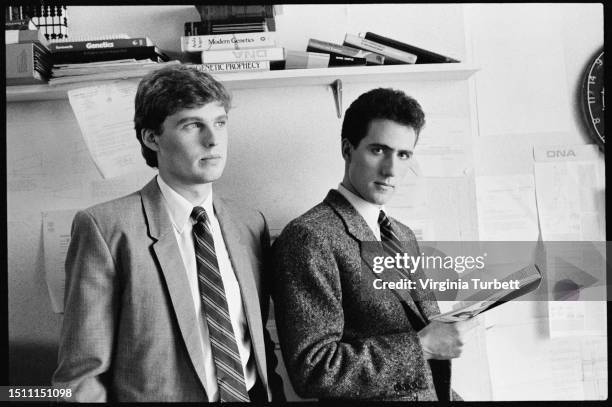 Paul Humphreys and Andy McCluskey of OMD on the set of the video for their single 'Genetic Engineering'.