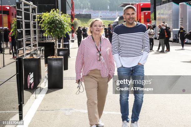 Sabine Kehm and a journalist seen during the F1 Grand Prix of Austria at Red Bull Ring on July 02, 2023 in Spielberg, Austria.