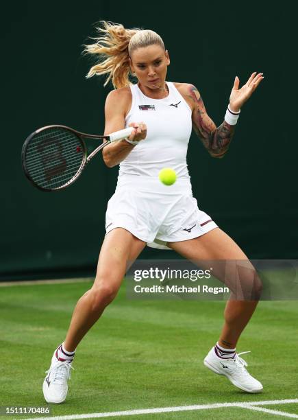 Tereza Martincova of Czech Republic plays a forehand against Nadia Podoroska of Argentina in the Women's Singles first round match on day one of The...