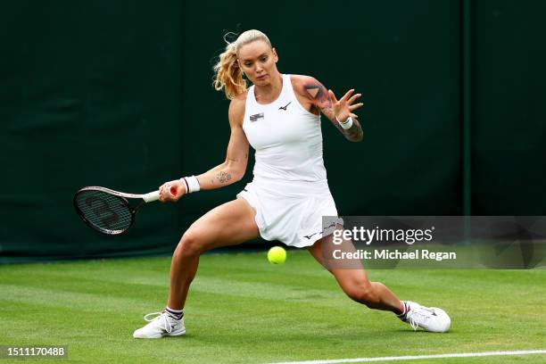 Tereza Martincova of Czech Republic plays a forehand against Nadia Podoroska of Argentina in the Women's Singles first round match on day one of The...