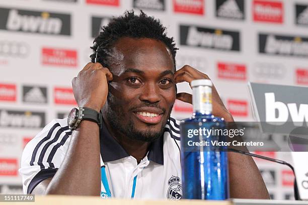 Real Madrid new signing Michael Essien looks on during a press conference after he signs a season-long loan with Real Madrid on September 1, 2012 in...