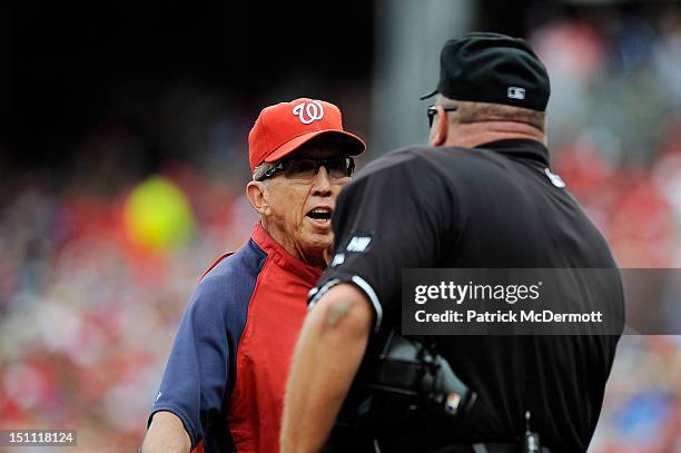 Washington Nationals manager Davey Johnson argues with home plate umpire Wally Bell during a game against the St. Louis Cardinals at Nationals Park...