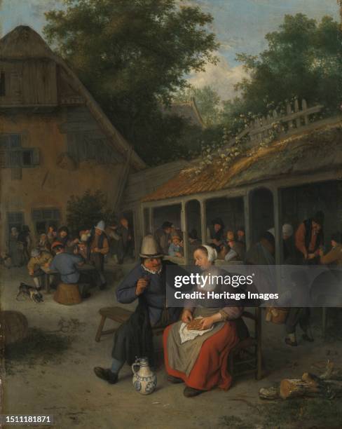 Country Inn, 1690. Man holding a glass, with a ceramic tankard at his feet, while his female companion holds a waffle on her lap. Note covered booths...