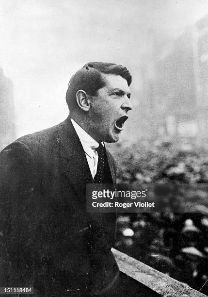 Irish revolutionary and politician Michael Collins delivers an impassioned speech to a large crowd in Dublin, Ireland, late 1921 or 1922.