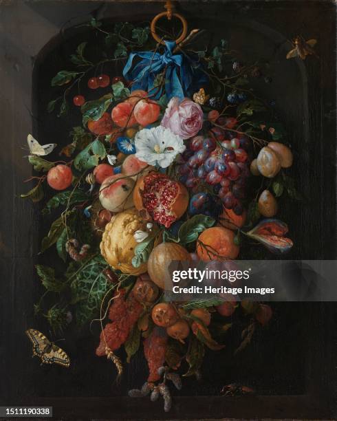 Festoon of Fruit and Flowers, 1660-1670. Butterflies, snails, beetles, caterpillars, flies and ladybirds are attracted to fruits including...