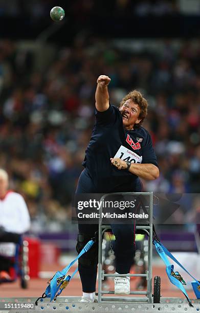 Angela Madsen of the United States competes in the Women's Shot Put - F54/55/56 Final on day 3 of the London 2012 Paralympic Games at Olympic Stadium...