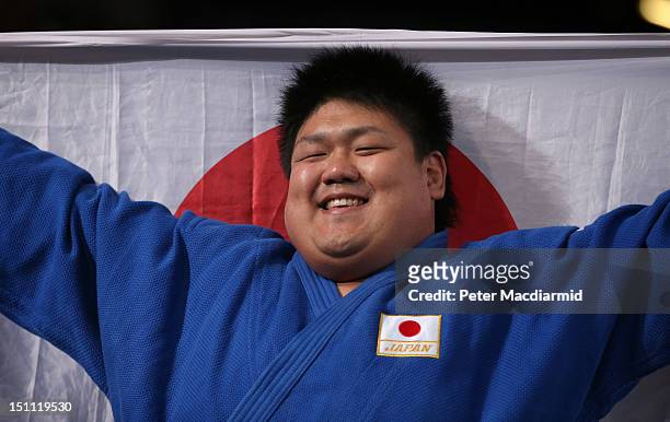 Kento Masaki of Japan celebrates winning against Song Wang of China in the +100 kg Judo gold medal match on day 3 of the London 2012 Paralympic Games...