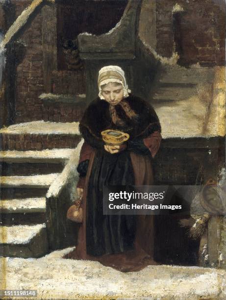 Life's Eventide, 1863. An old woman emerges from a basement apartment holding a steaming kettle and a ceramic bowl with hot coals. Creator: August...