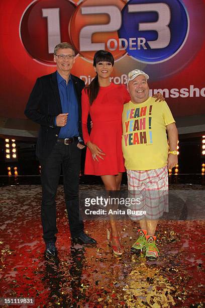 Guenther Jauch, Verona Pooth and Dirk Bach attend a photocall for '1, 2 oder 3 - Die Grosse Jubilaeumsshow' at Studios Berlin Adlershof on September...