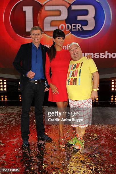 Guenther Jauch, Verona Pooth and Dirk Bach attend a photocall for '1, 2 oder 3 - Die Grosse Jubilaeumsshow' at Studios Berlin Adlershof on September...