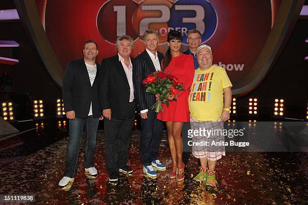 Elton, Michael Schanze, Joerg Pilawa, Verona Pooth, Guenther Jauch and Dirk Bach attend a photocall for '1, 2 oder 3 - Die Grosse Jubilaeumsshow' at...