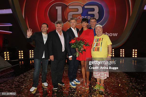 Elton, Michael Schanze, Joerg Pilawa, Verona Pooth, Guenther Jauch and Dirk Bach attend a photocall for '1, 2 oder 3 - Die Grosse Jubilaeumsshow' at...