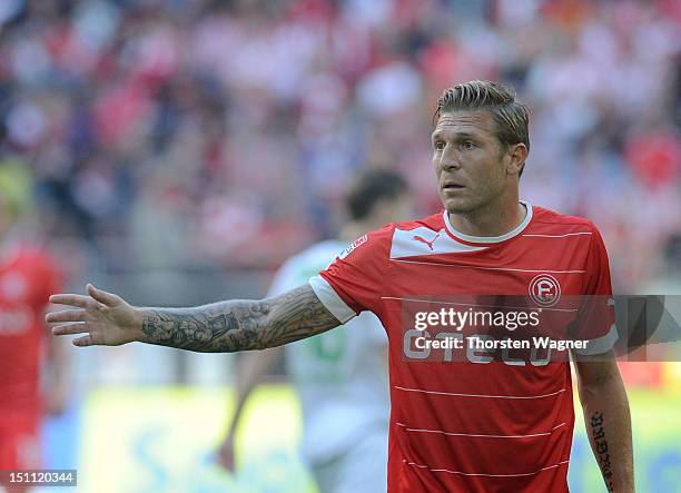 Andrey Voronin of Duesseldorf gestures during the Bundesliga match between Fortuna Duesseldorf and Borussia Moenchengladbach at Esprit-Arena on...