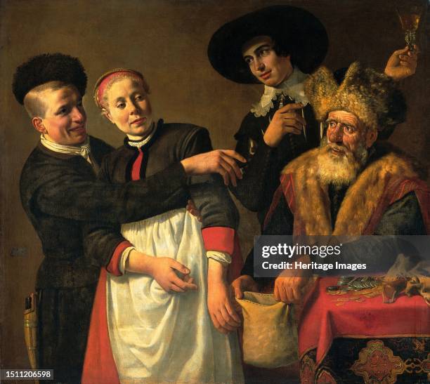 Mooy-Aal and her Suitors, circa 1630-circa 1640. Scene from Bredero's farce, "Moortje", staged for the first time in 1615 in Amsterdam. The woman is...