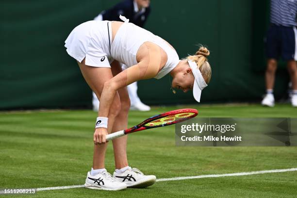 Harriet Dart of Great Britain looks dejected against Diane Parry of France in the Women's Singles first round match on day one of The Championships...