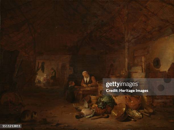 Interior of a barn, 1646. Woman preparing food while a child watches. Creator: Egbert van der Poel.