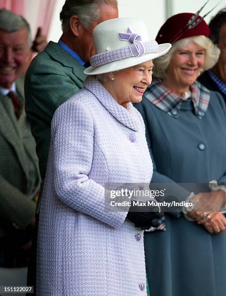 Queen Elizabeth II attends the 2012 Braemar Highland Gathering at The Princess Royal & Duke of Fife Memorial Park on September 1, 2012 in Braemar,...