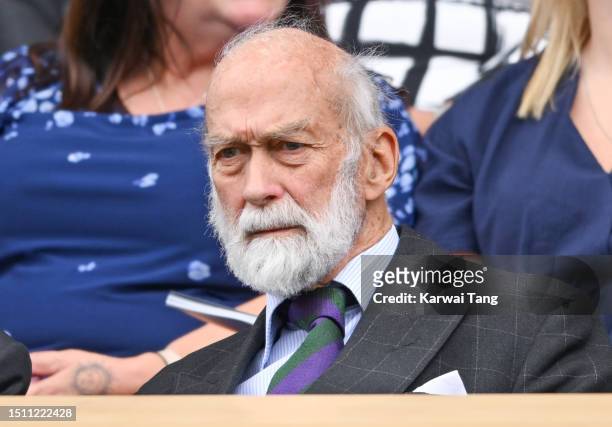 Prince Michael of Kent watching Pedro Cachín V Novak Djokovic on day one of the Wimbledon Tennis Championships at the All England Lawn Tennis and...