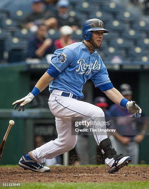 Left fielder Alex Gordon of the Kansas City Royals bats against the Minnesota Twins at Kauffman Stadium on September 1, 2012 in Kansas City,...