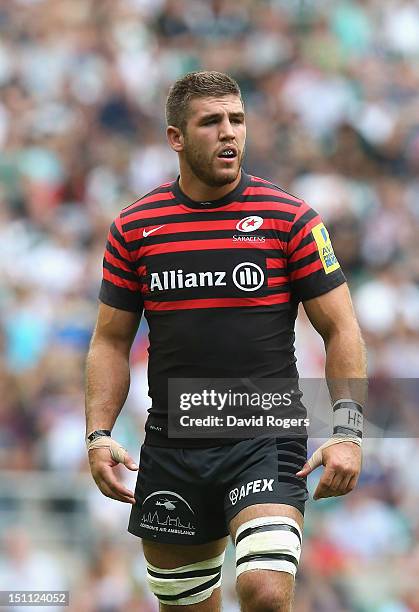 Will Fraser of Saracens looks on during the Aviva Premiership match between Saracens and London Irish at Twickenham Stadium on September 1, 2012 in...