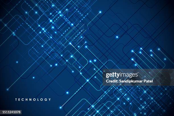 futuristic technology background of glowng blue computer circuit. - informational poster design stock illustrations