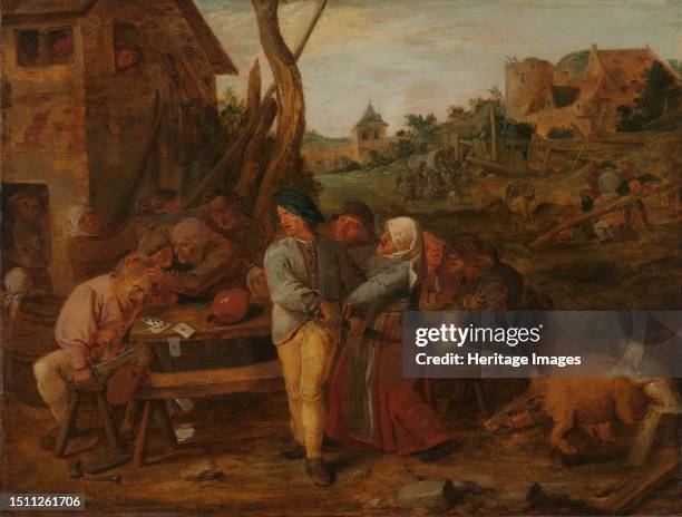 Card Fight outside a Country Tavern, circa 1628-circa 1630. Two men draw swords while a woman attempts to stay the hand of one of them. Creator:...