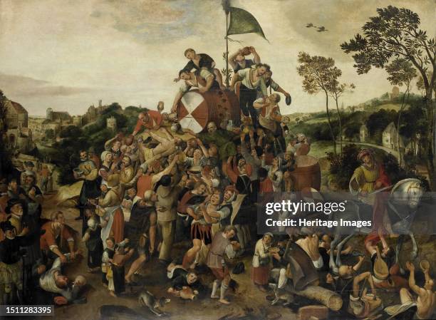 The St Martin's Day Kermis, circa 1540-circa 1598. Religious festival: a rowdy mob crowds around a cask of wine. On the right, Saint Martin cuts his...