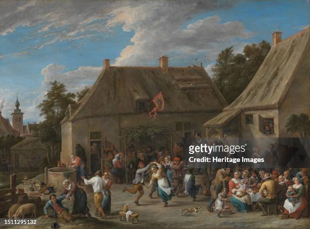 Peasant Fair, circa 1665. Other Title: St George's Day Kermis. Country folk talking, eating and drinking, dancing to the bagpipes, falling over drunk...