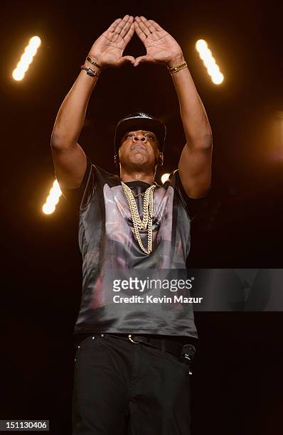 Jay-Z performs during the Budweiser Made In America Festival Benefiting The United Way - Day 1 at Benjamin Franklin Parkway on September 1, 2012 in...