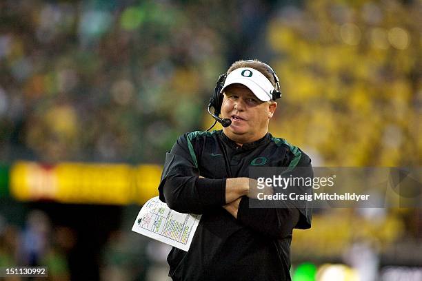 Head coach Chip Kelly of the Oregon Ducks during the second quarter against the Arkansas State Red Wolves on September 1, 2012 at Autzen Stadium in...
