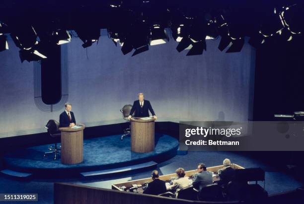 Democratic presidential candidate Jimmy Carter and President Gerald Ford pictured during a televised debate at the Walnut Street Theater in...