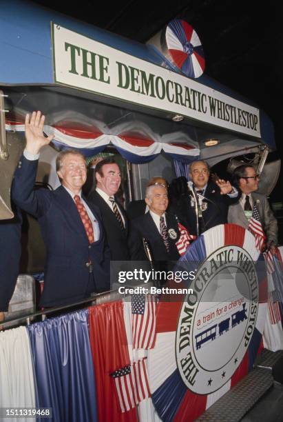 Democratic presidential candidate Jimmy Carter begins a 14-hour whistle-stop train tour with a colourful send-off rally at New York's Penn Station,...