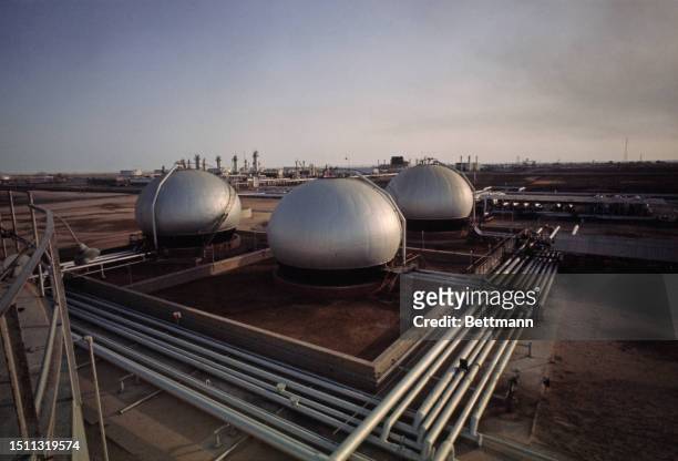 View of gas-oil separation facilities in Abqaiq, Saudi Arabia, 1970.