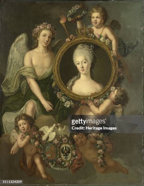 Portrait of Wilhelmina of Prussia in a medallion with allusions to her marriage to Prince William V on 4 October 1767 in Berlin , 1767. Creator:...