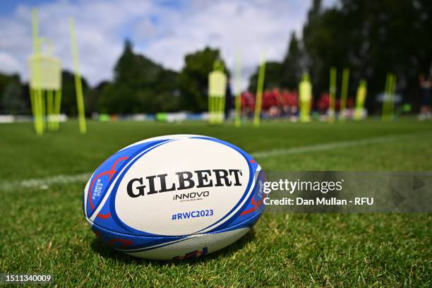 The Rugby World Cup 2023 match ball is seen during a training session at The Lensbury on July 03, 2023 in Teddington, England.
