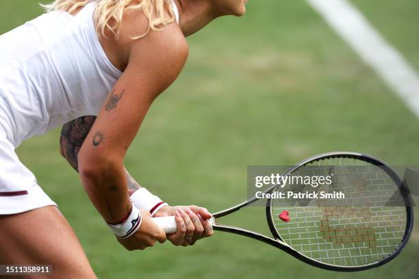 Tereza Martincova of Czech Republic grips her racket against Nadia Podoroska of Argentina in the Women's Singles first round match on day one of The...