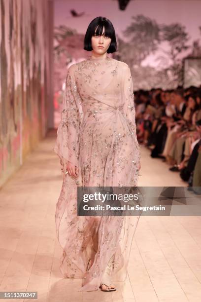 Model walks the runway during the Christian Dior Haute Couture Fall/Winter 2023/2024 show as part of Paris Fashion Week on July 03, 2023 in Paris,...