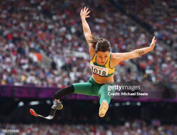 Kelly Cartwright of Australia competes in the Women's Long Jump - F42/44 Final on day 4 of the London 2012 Paralympic Games at Olympic Stadium on...