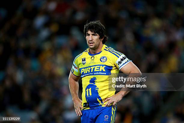 Nathan Hindmarsh of the Eels looks on during the round 26 NRL match between the Parramatta Eels and the St George Illawarra Dragons at ANZ Stadium on...