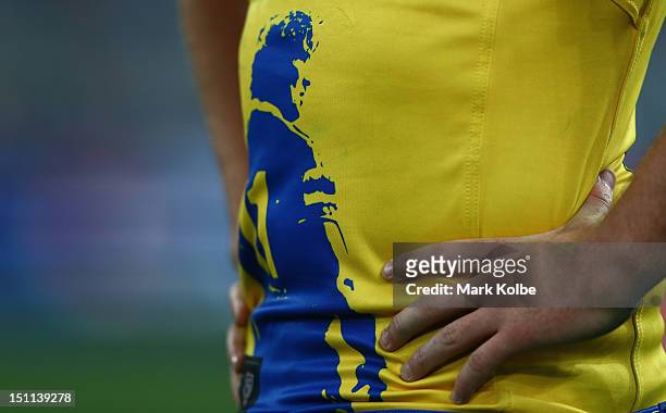The Parramatta Eels jumper commemorating the retiring Nathan Hindmarsh is seen during the round 26 NRL match between the Parramatta Eels and the St...
