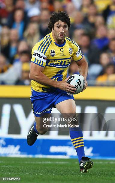 Nathan Hindmarsh of the Eels runs the ball during the round 26 NRL match between the Parramatta Eels and the St George Illawarra Dragons at ANZ...