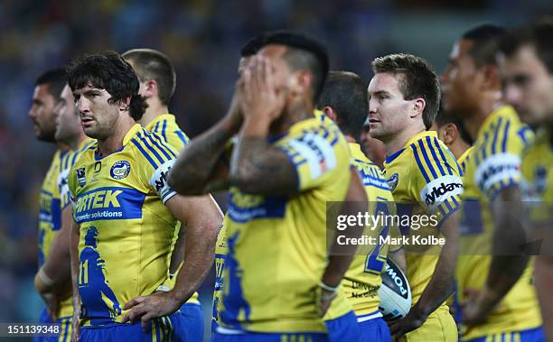 Nathan Hindmarsh of the Eels looks dejected after a Dragons try during the round 26 NRL match between the Parramatta Eels and the St George Illawarra...