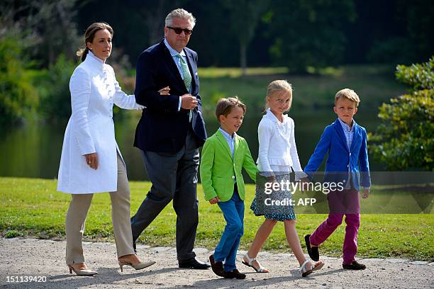 Princess Claire of Belgium, Prince Laurent of Belgium, Prince Aymeric, Princess Louise and Prince Nicolas pose during a photoshoot of the Belgian...