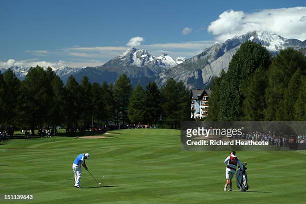 Richie Ramsay of Scotland plays into the 1st green during the final round of the Omega European Masters at Crans-sur-Sierre Golf Club on September 2,...