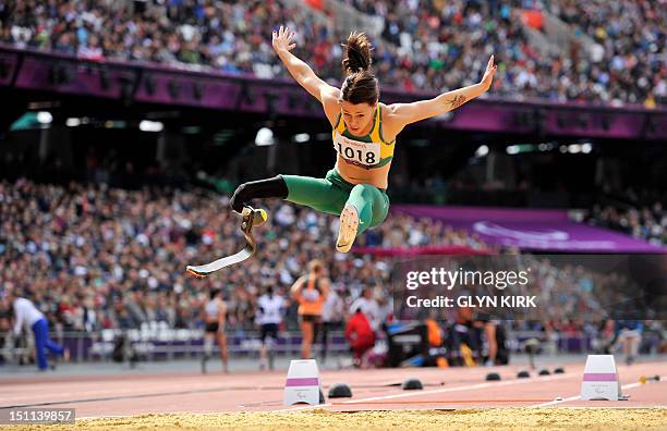 Australia's Kelly Cartwright competes in the Women's Long Jump F42/44 Final athletics event during the London 2012 Paralympic Games at the Olympic...