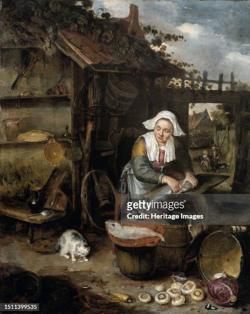 Housewife in an inner Courtyard Cleaning Fish, 1639-1649. Creator: Hendrik Potuyl.